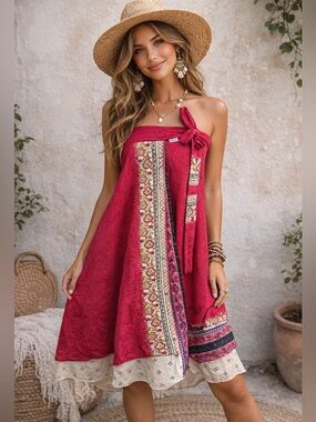 100% Silk Indian Wrap Skirt Dress Boho Festival Convertible Resortwear Pink S-L